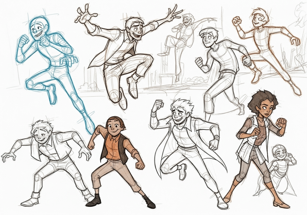Animation sketching illustration with dynamic characters