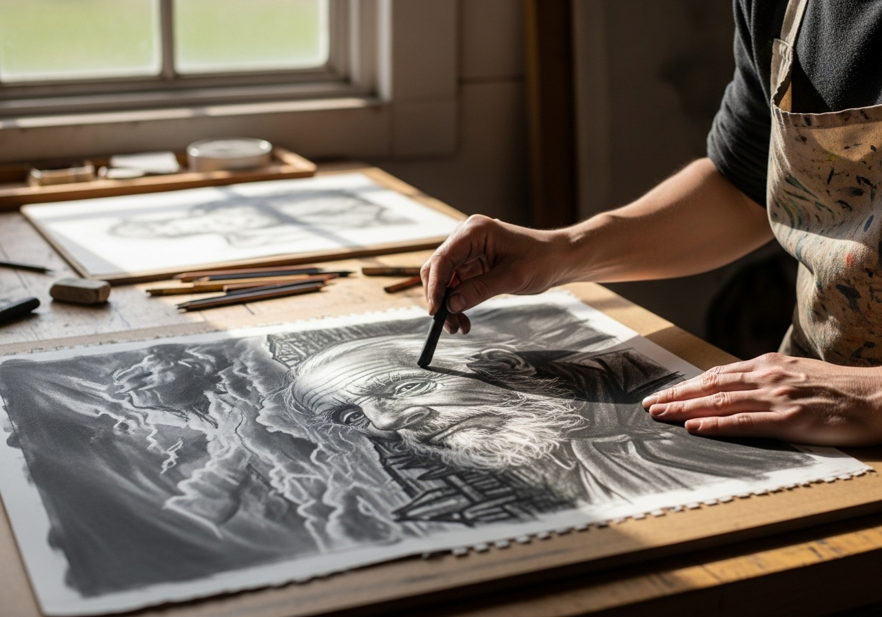 Artist creating a charcoal drawing with rich textures