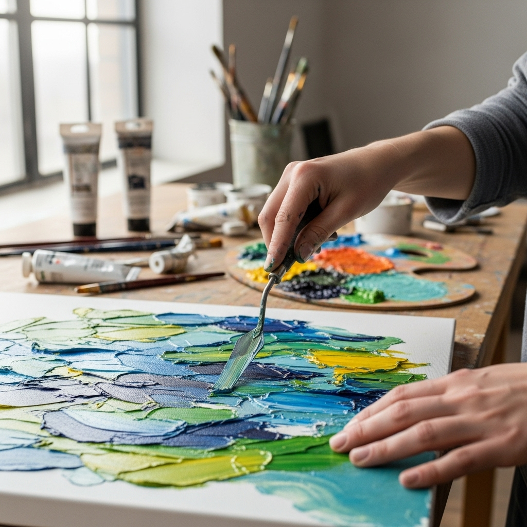 Artist creating textured artwork using palette knives and mixed media