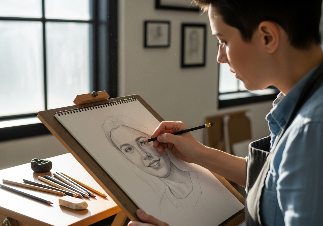 Artist drawing a portrait with pencils