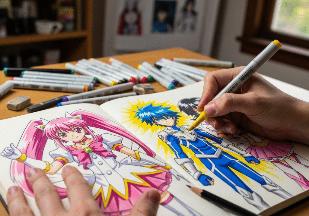 Artist drawing anime characters with vibrant colors