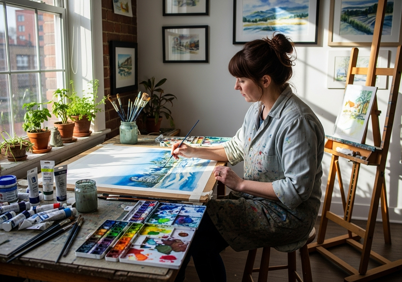 Artist painting with watercolors on a canvas in a bright studio