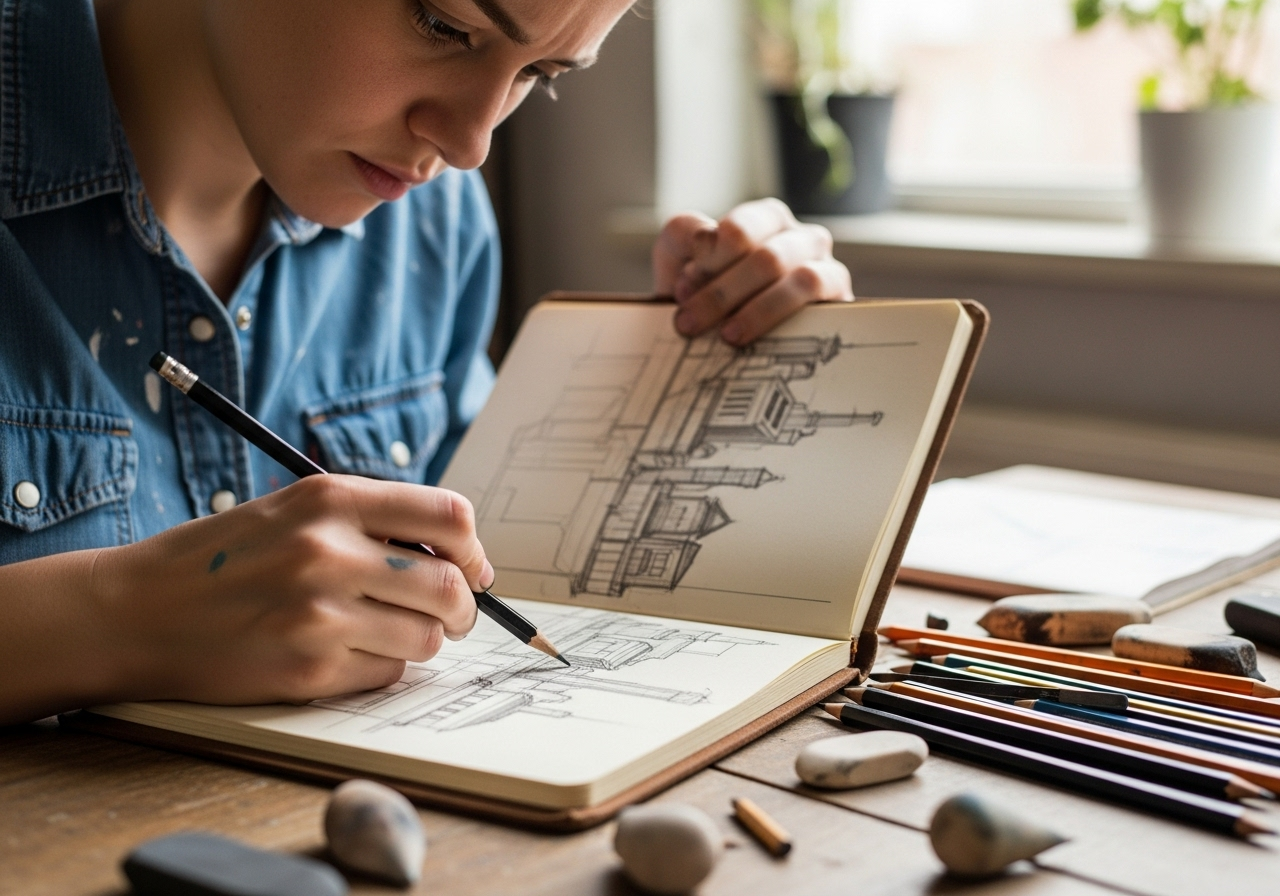 Artist sketching and drawing with pencils