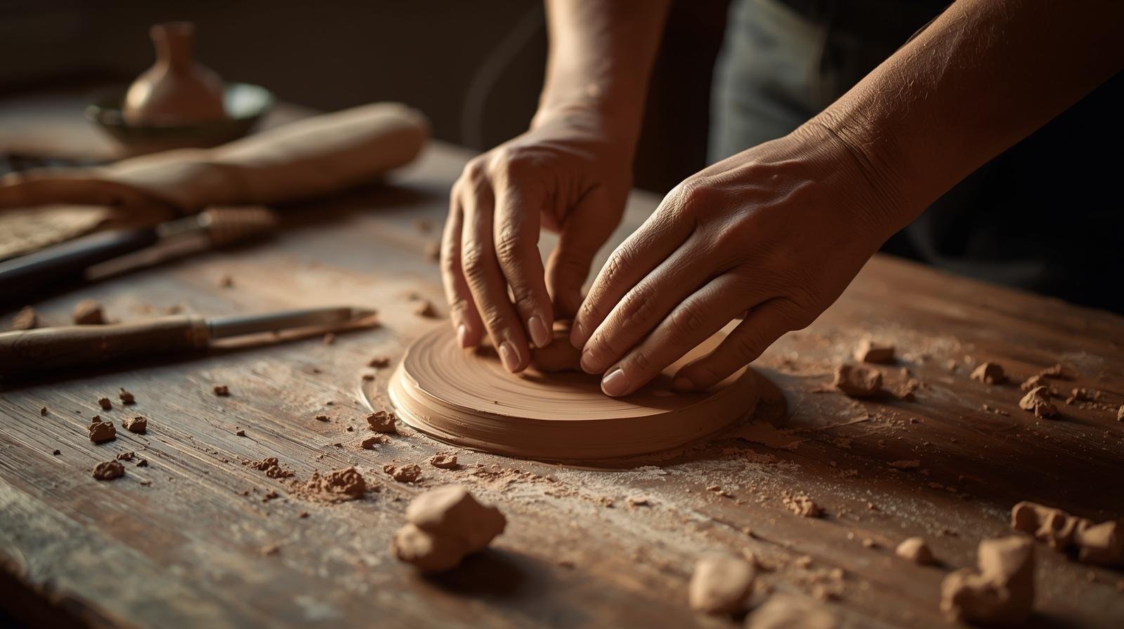 Hands shaping clay on a table