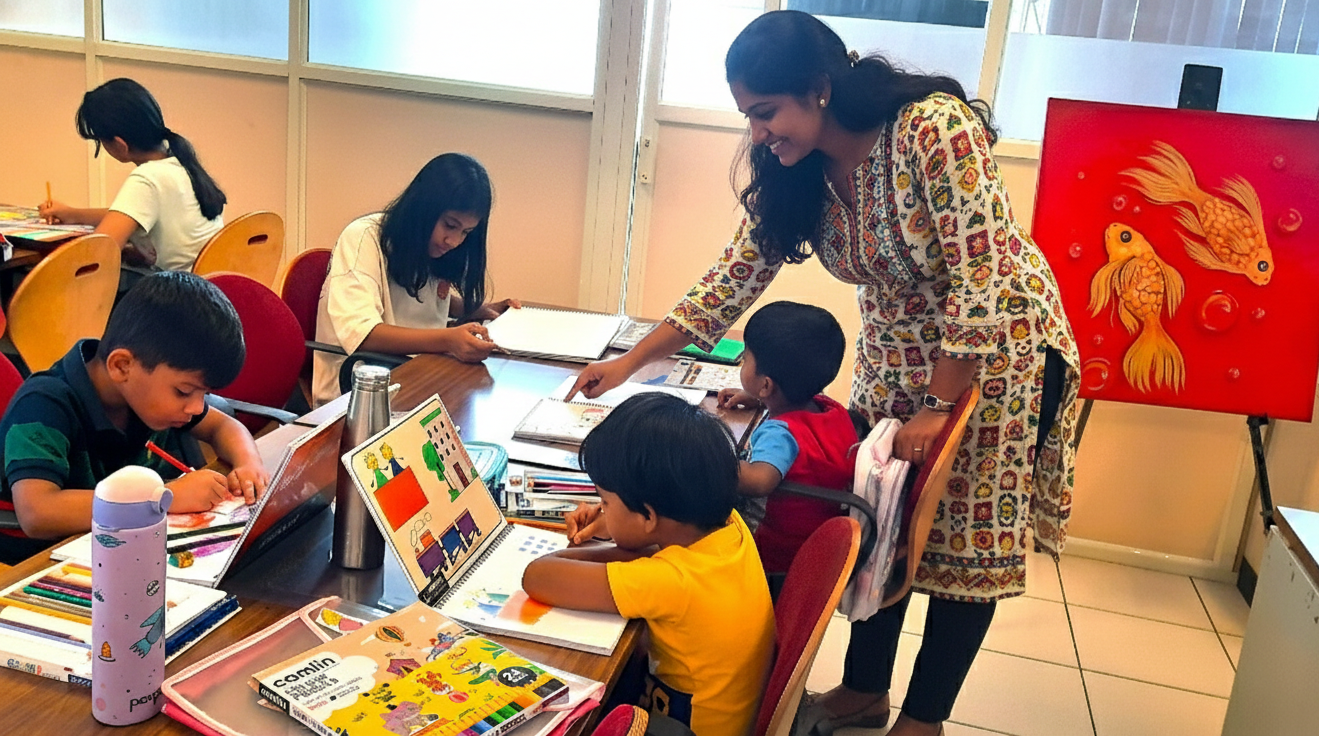 Professional art educator guiding students in a creative studio classroom