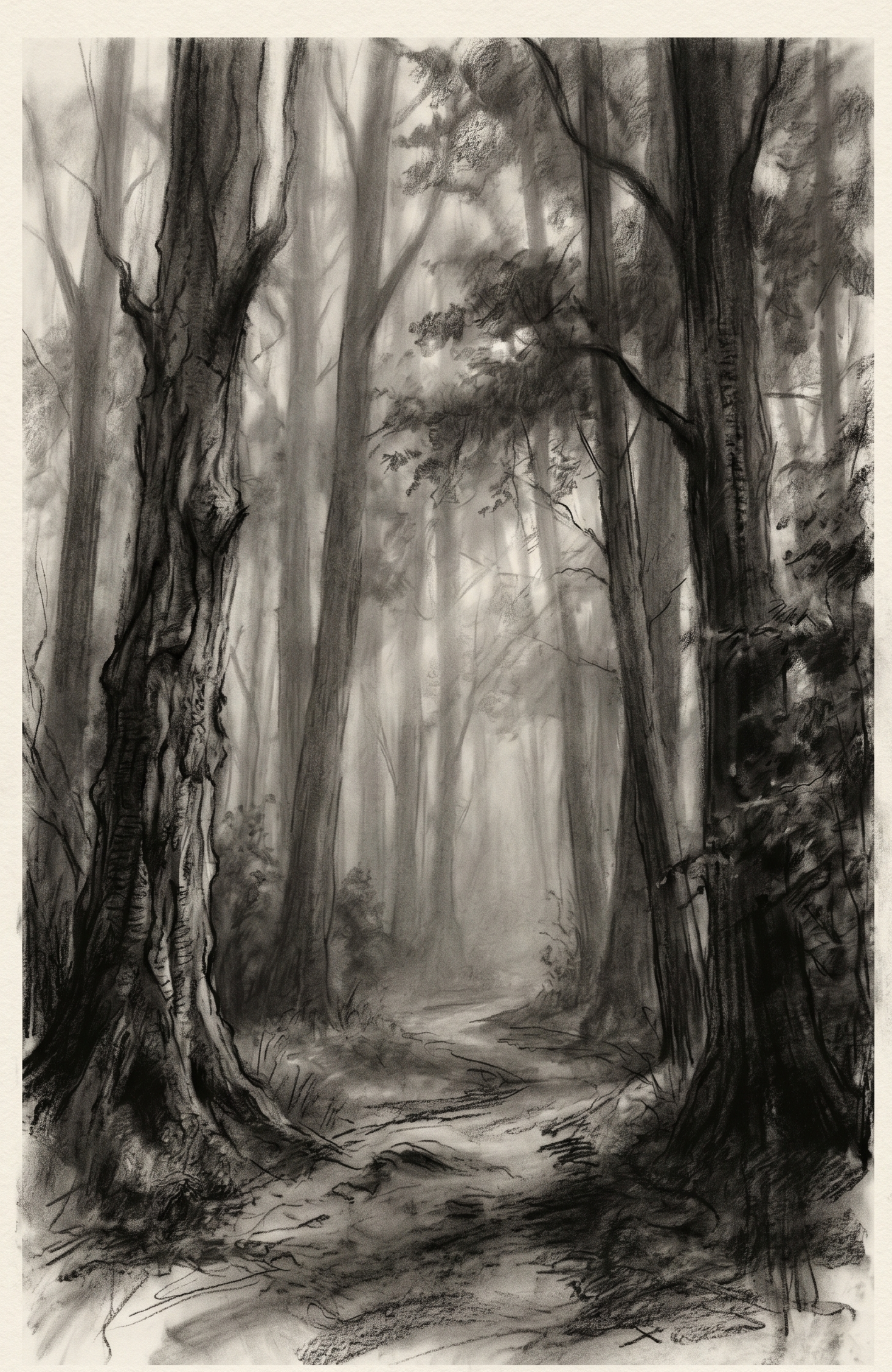Atmospheric forest path landscape sketch