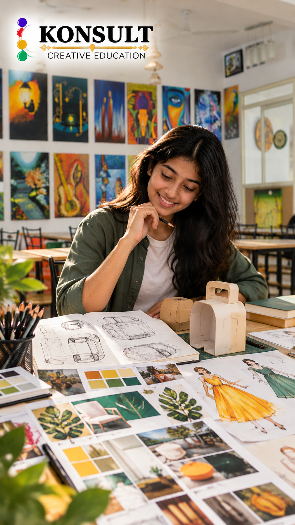 A student working on a drawing in the Konsult Creative art studio